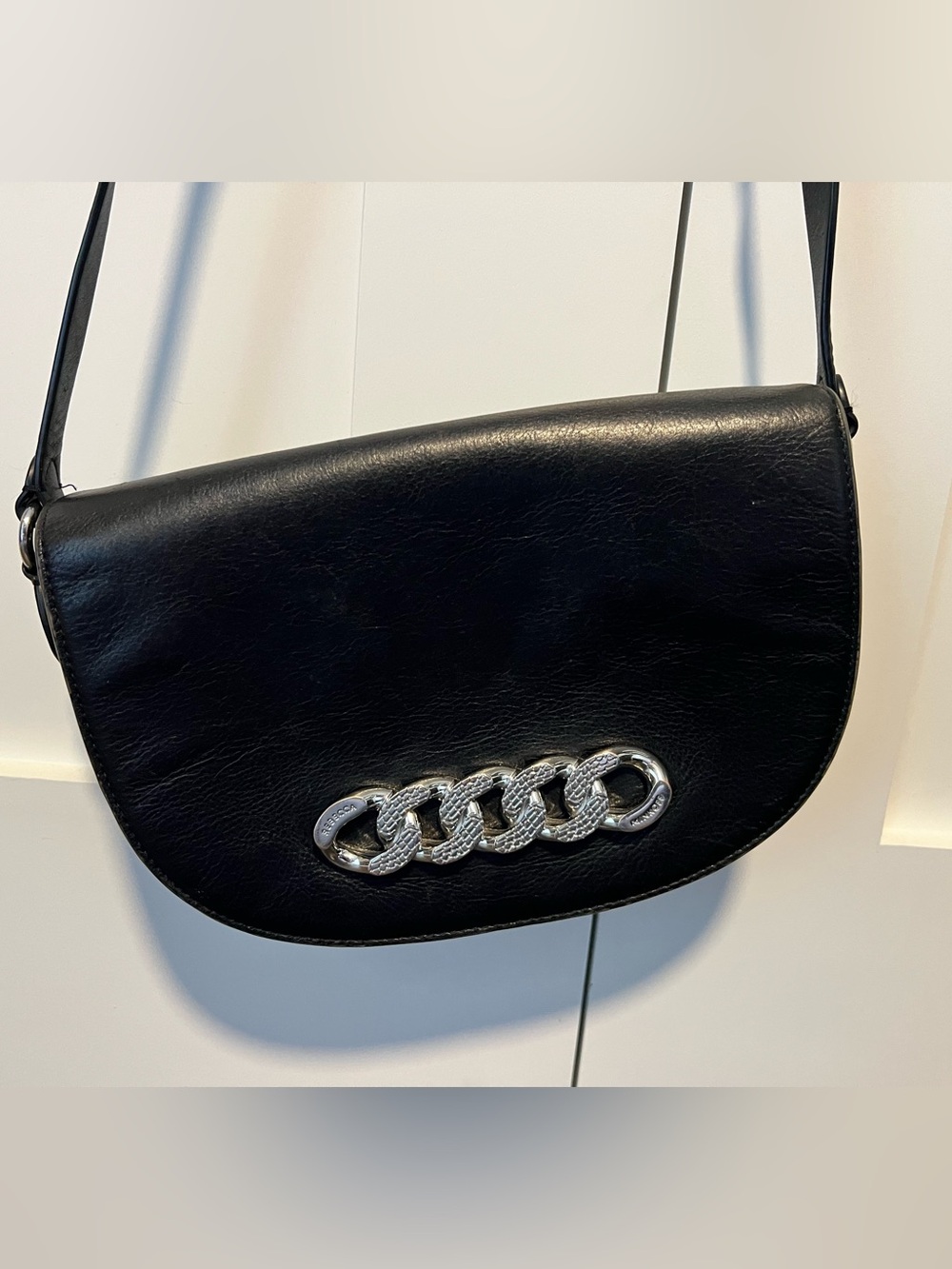 Rebecca Minkoff Black Leather Crossbody with Silver Chain Detail